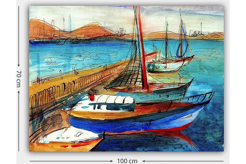 Lerretsbilde 70x100 cm - Flere fargerike båter i en havn med vakker havutsikt - Blå / Rød / Beige - Innredning - Bilder & kunst - Lerretsbilder