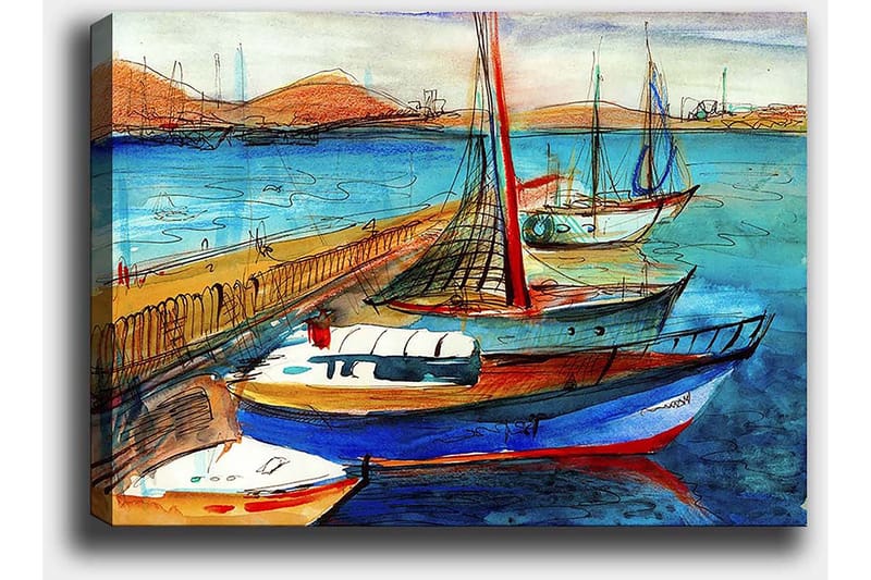 Lerretsbilde 70x100 cm - Flere fargerike båter i en havn med vakker havutsikt - Blå / Rød / Beige - Innredning - Bilder & kunst - Lerretsbilder
