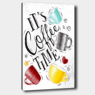 Lerretsbilde 70x100 cm - Flere fargerike kaffekopper med teksten It's Coffee Time - Turkis / Rød / Gul - Innredning - Bilder & kunst - Lerretsbilder