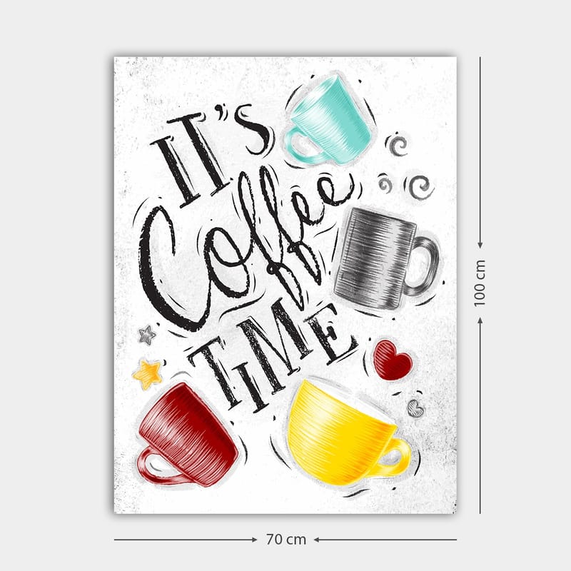 Lerretsbilde 70x100 cm - Flere fargerike kaffekopper med teksten It's Coffee Time - Turkis / Rød / Gul - Innredning - Bilder & kunst - Lerretsbilder