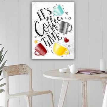Lerretsbilde 70x100 cm - Flere fargerike kaffekopper med teksten It's Coffee Time - Turkis / Rød / Gul - Innredning - Bilder & kunst - Lerretsbilder