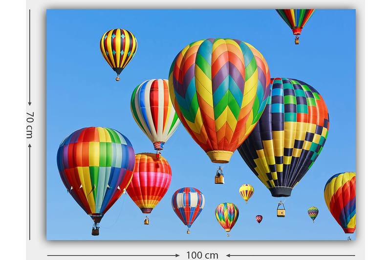 Lerretsbilde 70x100 cm - Flere fargerike varmluftsballonger som svever på en klar blå himmel - Rød / Grønn / Gul - Innredning - Bilder & kunst - Lerretsbilder