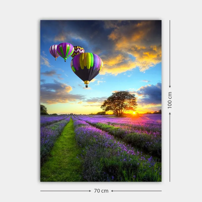 Lerretsbilde 70x100 cm - Flere fargerike varmluftsballonger svever over et lavendelfelt i solnedgangens lys - Lilla / Grønn / Svart - Innredning - Bilder & kunst - Lerretsbilder