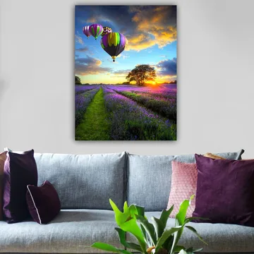 Lerretsbilde 70x100 cm - Flere fargerike varmluftsballonger svever over et lavendelfelt i solnedgangens lys - Lilla / Grønn / Svart - Innredning - Bilder & kunst - Lerretsbilder