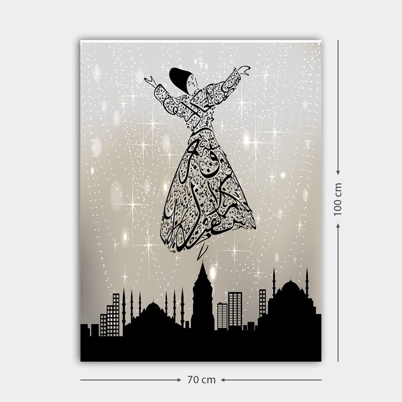 Lerretsbilde 70x100 cm - Flytende dansere i tradisjonelle klær, omgitt av en bysilhuett - Svart / Hvit / Grå - Innredning - Bilder & kunst - Lerretsbilder