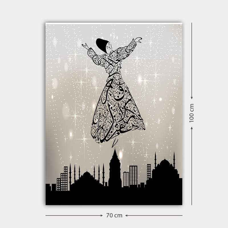 Lerretsbilde 70x100 cm - Flytende dansere i tradisjonelle klær, omgitt av en bysilhuett - Svart / Hvit / Grå - Innredning - Bilder & kunst - Lerretsbilder