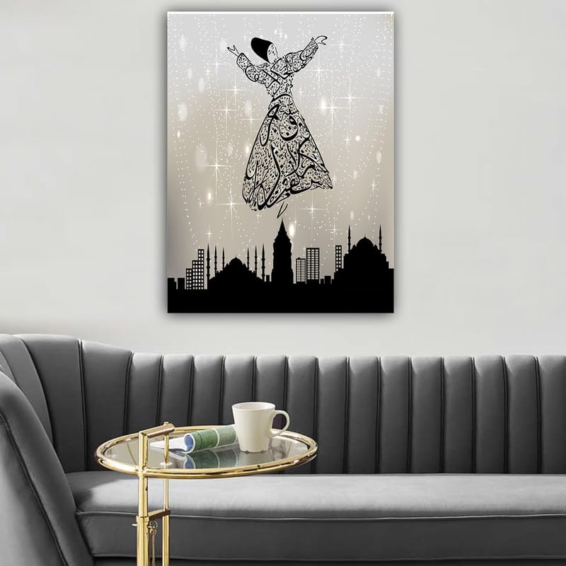 Lerretsbilde 70x100 cm - Flytende dansere i tradisjonelle klær, omgitt av en bysilhuett - Svart / Hvit / Grå - Innredning - Bilder & kunst - Lerretsbilder