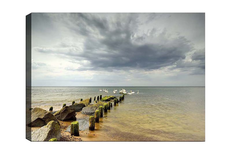Lerretsbilde 70x100 cm - Fredelig innsjø med svaner som svømmer ved en brygge omgitt av steiner, Grå / Grønn / Blå