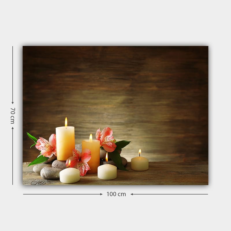 Lerretsbilde 70x100 cm - Fredelig komposisjon av skinnende lys og rosa blomster på steiner - Lys gul / Rosa / Grønn - Innredning - Bilder & kunst - Lerretsbilder