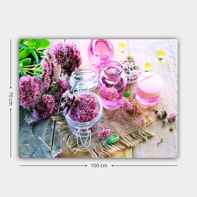 Lerretsbilde 70x100 cm - Fredelig komposisjon med rosa blomster og glassbeholdere som skaper en harmonisk atmosfære - Rosa / Grønn / Klar - Innredning - Bilder & kunst - Lerretsbilder