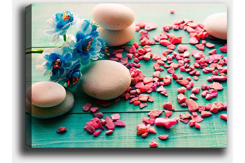 Lerretsbilde 70x100 cm - Fredelig komposisjon med steiner og blå blomster på grønn bakgrunn - Blå / Rosa / Grønn - Innredning - Bilder & kunst - Lerretsbilder