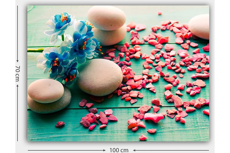 Lerretsbilde 70x100 cm - Fredelig komposisjon med steiner og blå blomster på grønn bakgrunn - Blå / Rosa / Grønn - Innredning - Bilder & kunst - Lerretsbilder