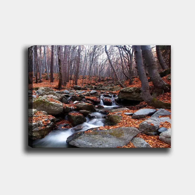 Lerretsbilde 70x100 cm - Fredelig skogscene med en klukkende bekk omgitt av høstfargede blader og steiner, Grå / Oransje / Brun