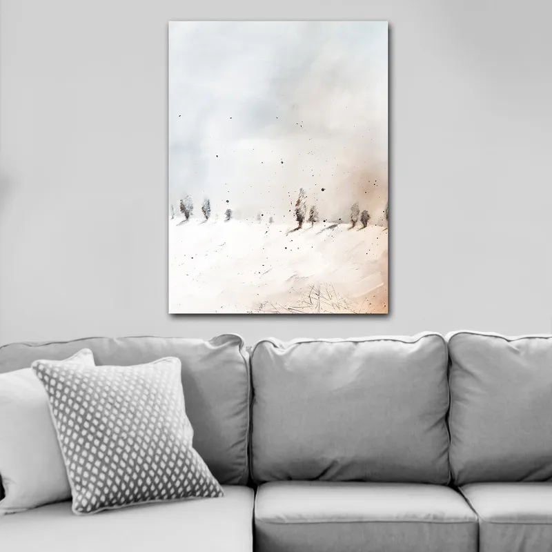 Lerretsbilde 70x100 cm - Fredelig vinterlandskap med snødekte trær i det fjerne, Lys blå / Hvit / Beige