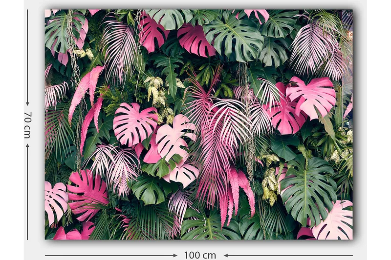 Lerretsbilde 70x100 cm - Frodig samling av tropiske planter med store, fargerike blader - Grønn / Rosa - Innredning - Bilder & kunst - Lerretsbilder