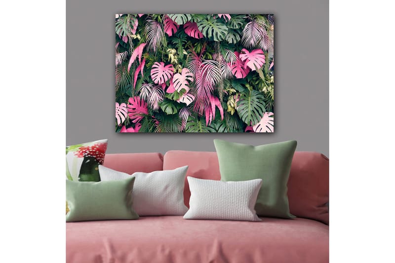 Lerretsbilde 70x100 cm - Frodig samling av tropiske planter med store, fargerike blader - Grønn / Rosa - Innredning - Bilder & kunst - Lerretsbilder
