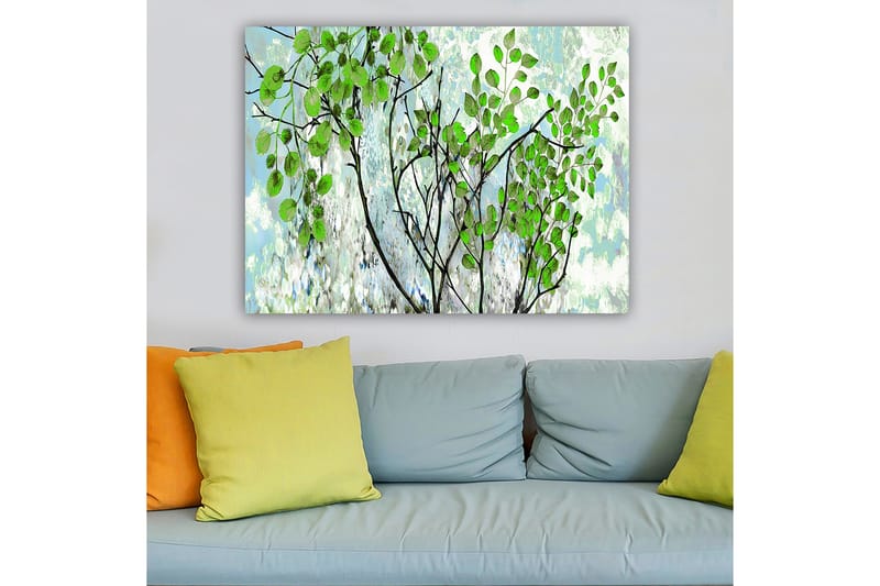 Lerretsbilde 70x100 cm - Frodige grener med fargerike blader i en harmonisk komposisjon - Grønn / Svart / Lys blå - Innredning - Bilder & kunst - Lerretsbilder