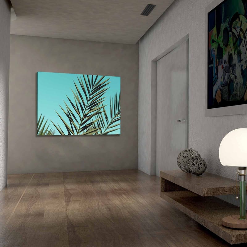 Lerretsbilde 70x100 cm - Frodige palmeblader mot en klar himmel - Turkis / Mørkegrønn - Innredning - Bilder & kunst - Lerretsbilder