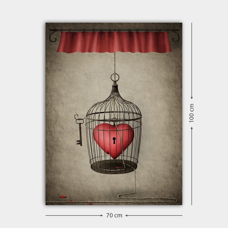 Lerretsbilde 70x100 cm - Fuglebur med et rødt hjerte inni, hengende fra en snor - Rød / Svart / Grå - Innredning - Bilder & kunst - Lerretsbilder