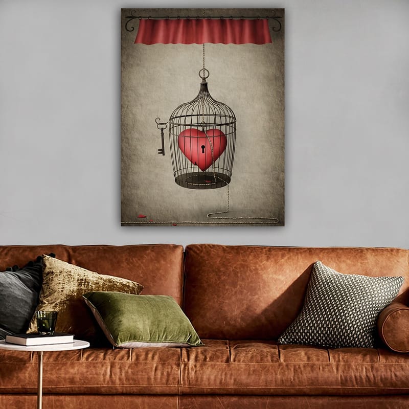Lerretsbilde 70x100 cm - Fuglebur med et rødt hjerte inni, hengende fra en snor - Rød / Svart / Grå - Innredning - Bilder & kunst - Lerretsbilder
