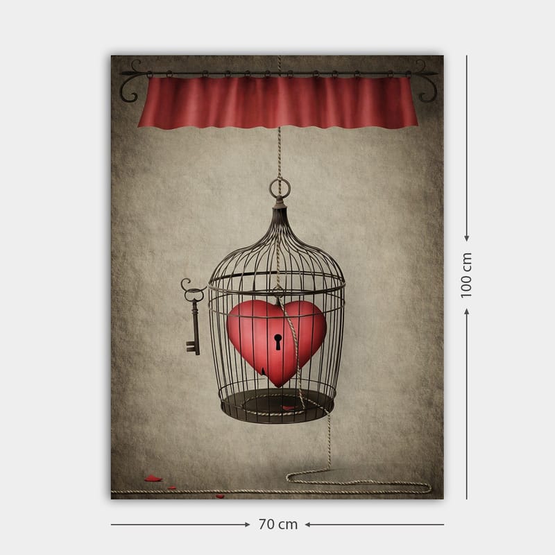 Lerretsbilde 70x100 cm - Fuglebur med et rødt hjerte inni, hengende fra en snor - Rød / Svart / Grå - Innredning - Bilder & kunst - Lerretsbilder
