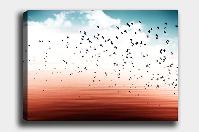 Lerretsbilde 70x100 cm - Fugleflokk som flyr over en stille vannflate i et harmonisk fargevalg, Blå / Korallrød
