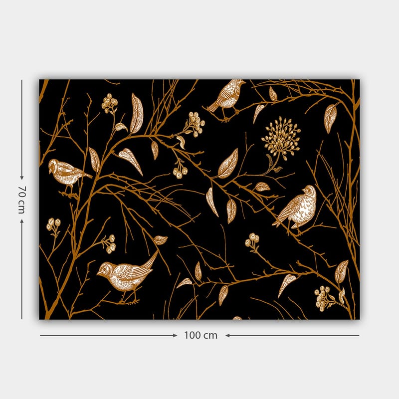 Lerretsbilde 70x100 cm - Fugler og grener i elegant design mot svart bakgrunn - Gull / Svart - Innredning - Bilder & kunst - Lerretsbilder