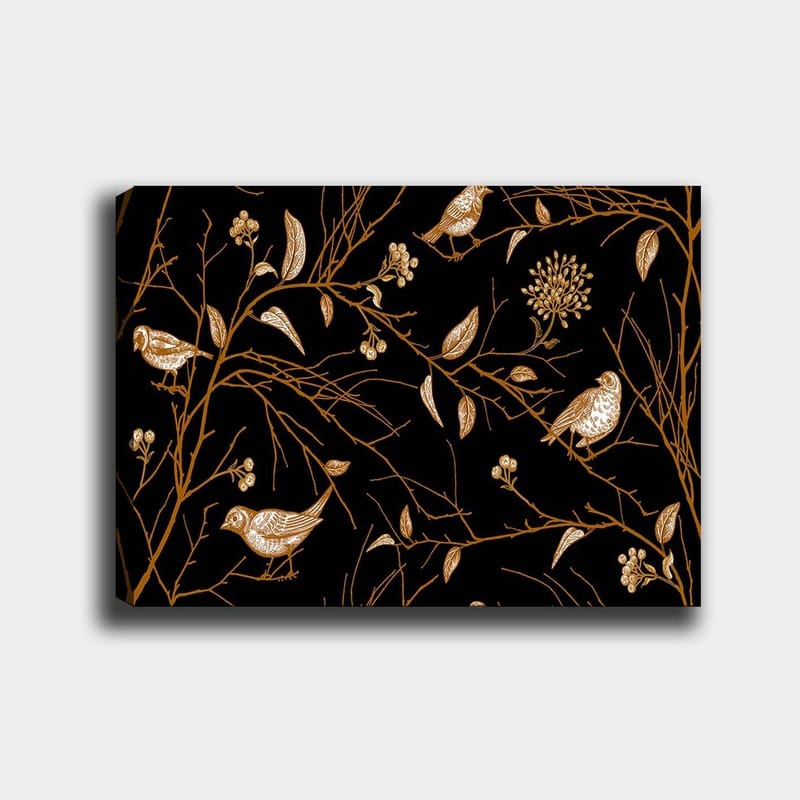 Lerretsbilde 70x100 cm - Fugler og grener i elegant design mot svart bakgrunn, Gull / Svart