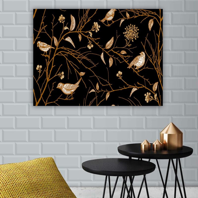 Lerretsbilde 70x100 cm - Fugler og grener i elegant design mot svart bakgrunn - Gull / Svart - Innredning - Bilder & kunst - Lerretsbilder