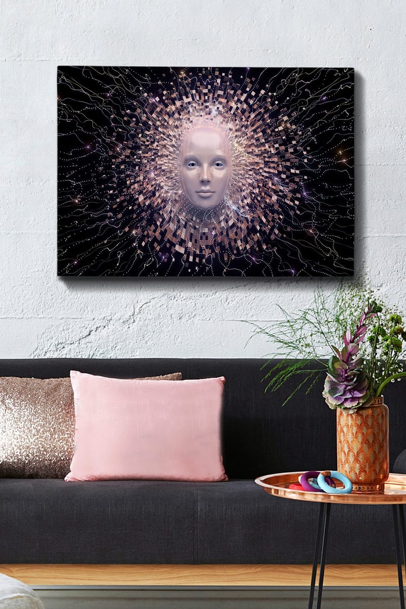 Lerretsbilde 70x100 cm - Futuristisk ansiktsmaske omgitt av en strålende aura av geometriske former - Lys rosa / Hvit / Svart - Innredning - Bilder & kunst - Lerretsbilder