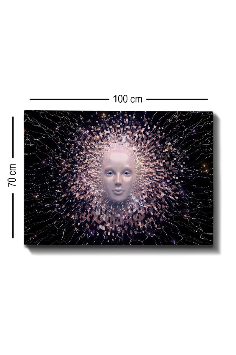 Lerretsbilde 70x100 cm - Futuristisk ansiktsmaske omgitt av en strålende aura av geometriske former - Lys rosa / Hvit / Svart - Innredning - Bilder & kunst - Lerretsbilder