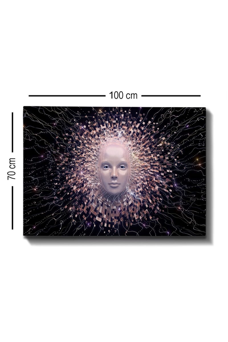 Lerretsbilde 70x100 cm - Futuristisk ansiktsmaske omgitt av en strålende aura av geometriske former - Lys rosa / Hvit / Svart - Innredning - Bilder & kunst - Lerretsbilder