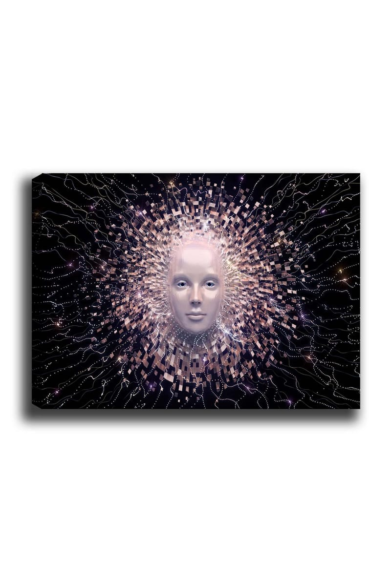 Lerretsbilde 70x100 cm - Futuristisk ansiktsmaske omgitt av en strålende aura av geometriske former, Lys rosa / Hvit / Svart