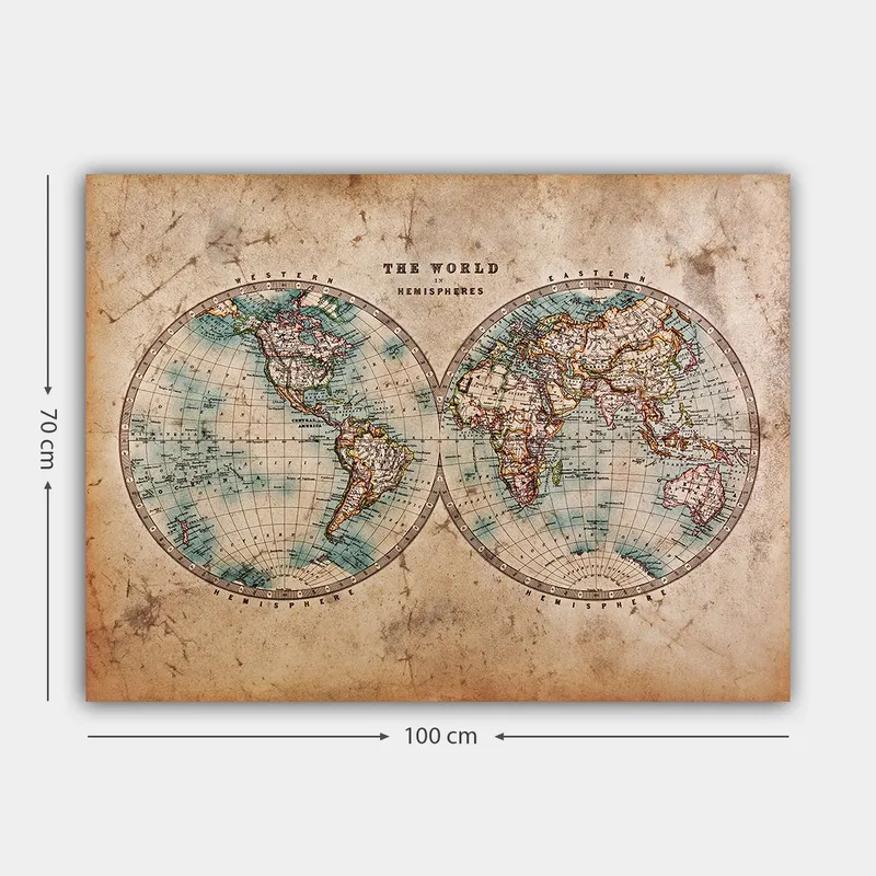 Lerretsbilde 70x100 cm - Gammeldags verdenskart med to halvkuler som viser kontinenter og hav - Blå / Brun / Beige - Innredning - Bilder & kunst - Lerretsbilder