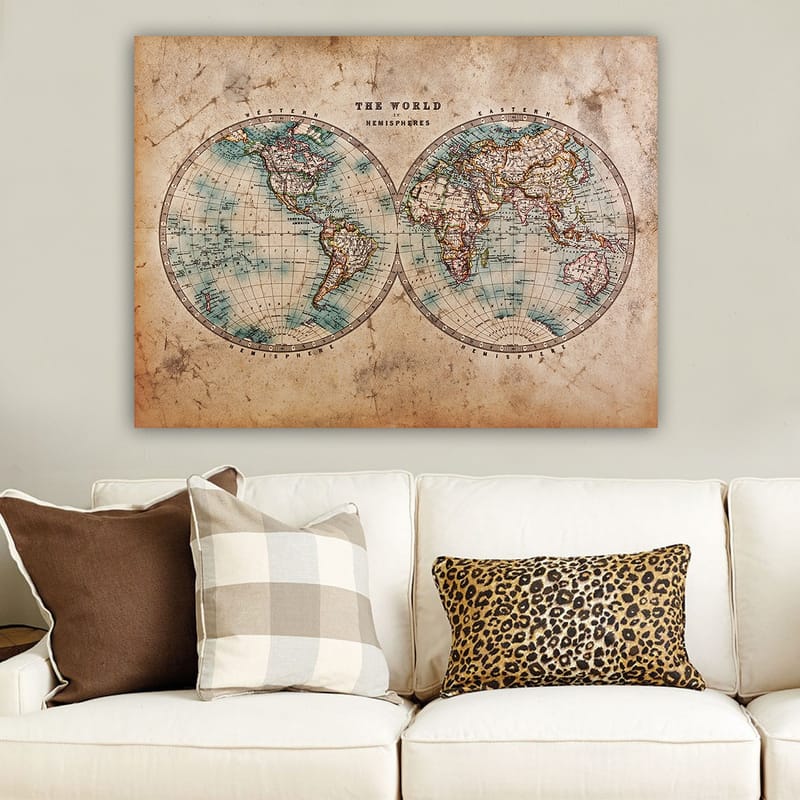 Lerretsbilde 70x100 cm - Gammeldags verdenskart med to halvkuler som viser kontinenter og hav - Blå / Brun / Beige - Innredning - Bilder & kunst - Lerretsbilder