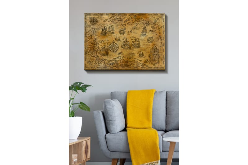 Lerretsbilde 70x100 cm - Gammelt sjøkart med detaljerte illustrasjoner av skip og navigasjonssymboler, Gull / Brun