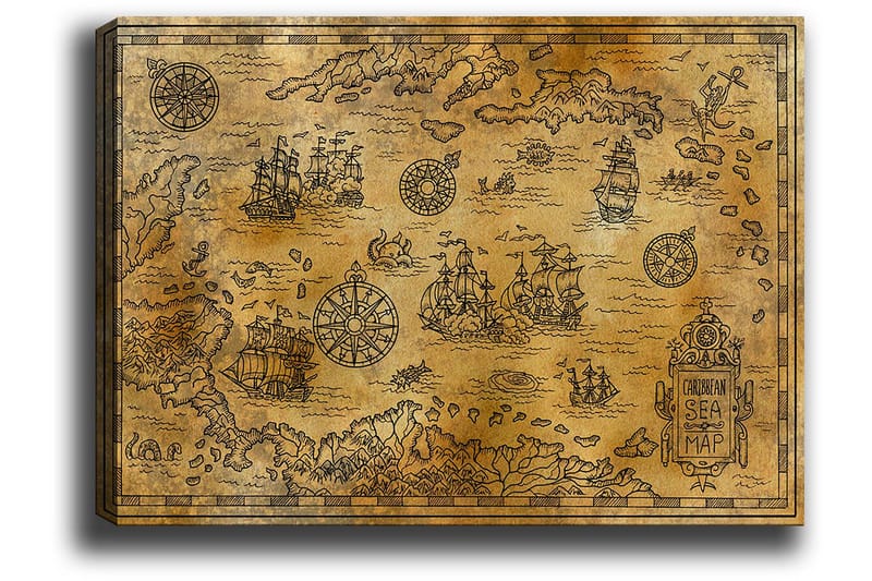 Lerretsbilde 70x100 cm - Gammelt sjøkart med detaljerte illustrasjoner av skip og navigasjonssymboler - Gull / Brun - Innredning - Bilder & kunst - Lerretsbilder