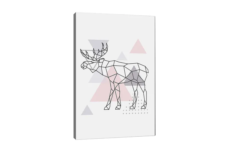 Lerretsbilde 70x100 cm - Geometrisk elg i polygonstil med trekanter, Grå / Rosa / Svart