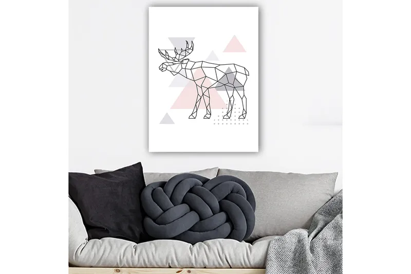 Lerretsbilde 70x100 cm - Geometrisk elg i polygonstil med trekanter - Grå / Rosa / Svart - Innredning - Bilder & kunst - Lerretsbilder