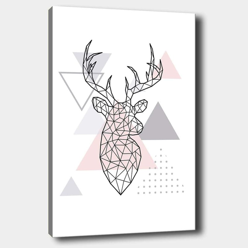 Lerretsbilde 70x100 cm - Geometrisk hjort i polygonstil omgitt av trekanter, Grå / Rosa / Svart