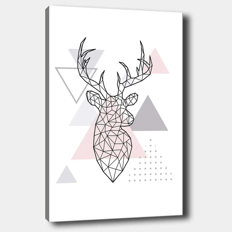 Lerretsbilde 70x100 cm - Geometrisk hjort i polygonstil omgitt av trekanter, Grå / Rosa / Svart