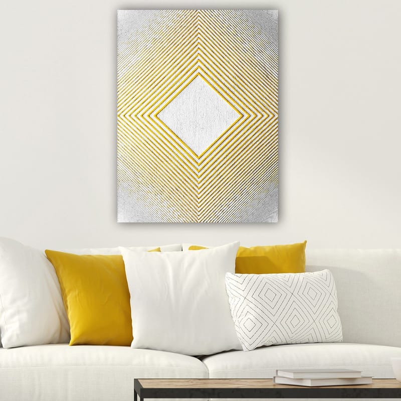 Lerretsbilde 70x100 cm - Geometrisk komposisjon med en sentral rombeformet struktur omgitt av linjer i forskjellige retninger - Gul / Hvit / Grå - Innredning - Bilder & kunst - Lerretsbilder