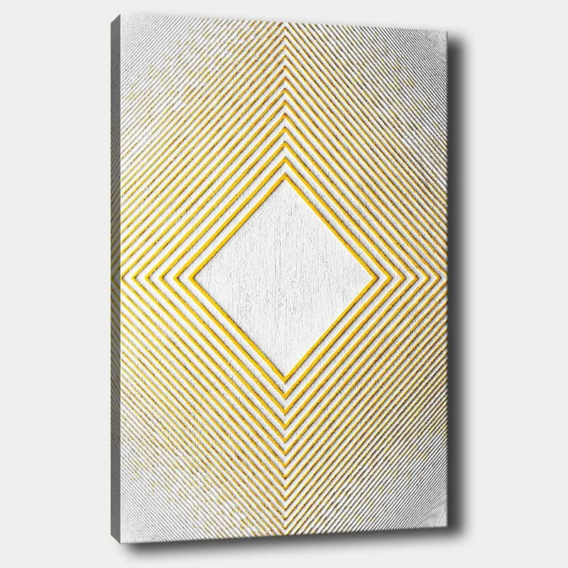 Lerretsbilde 70x100 cm - Geometrisk komposisjon med en sentral rombeformet struktur omgitt av linjer i forskjellige retninger, Gul / Hvit / Grå