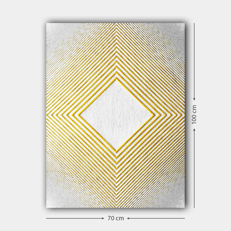 Lerretsbilde 70x100 cm - Geometrisk komposisjon med en sentral rombeformet struktur omgitt av linjer i forskjellige retninger - Gul / Hvit / Grå - Innredning - Bilder & kunst - Lerretsbilder