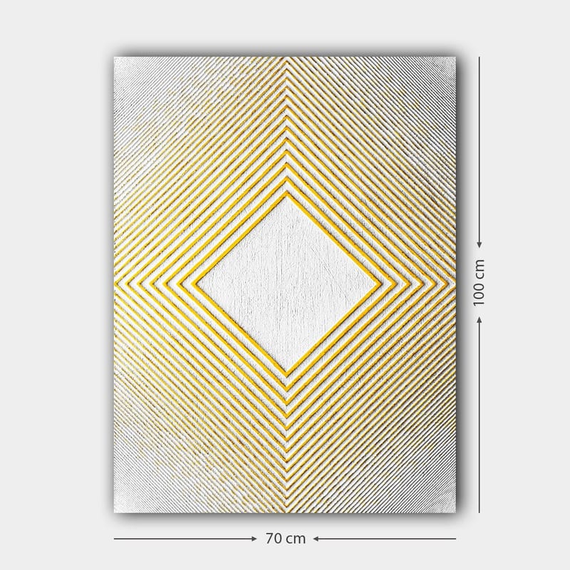 Lerretsbilde 70x100 cm - Geometrisk komposisjon med en sentral rombeformet struktur omgitt av linjer i forskjellige retninger - Gul / Hvit / Grå - Innredning - Bilder & kunst - Lerretsbilder