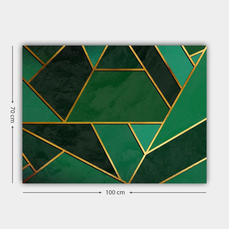 Lerretsbilde 70x100 cm - Geometriske former i forskjellige nyanser av grønt med gylne linjer - Mørkegrønn / Lysegrønn / Gull - Innredning - Bilder & kunst - Lerretsbilder