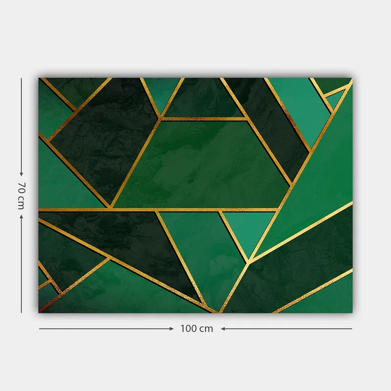 Lerretsbilde 70x100 cm - Geometriske former i forskjellige nyanser av grønt med gylne linjer - Mørkegrønn / Lysegrønn / Gull - Innredning - Bilder & kunst - Lerretsbilder