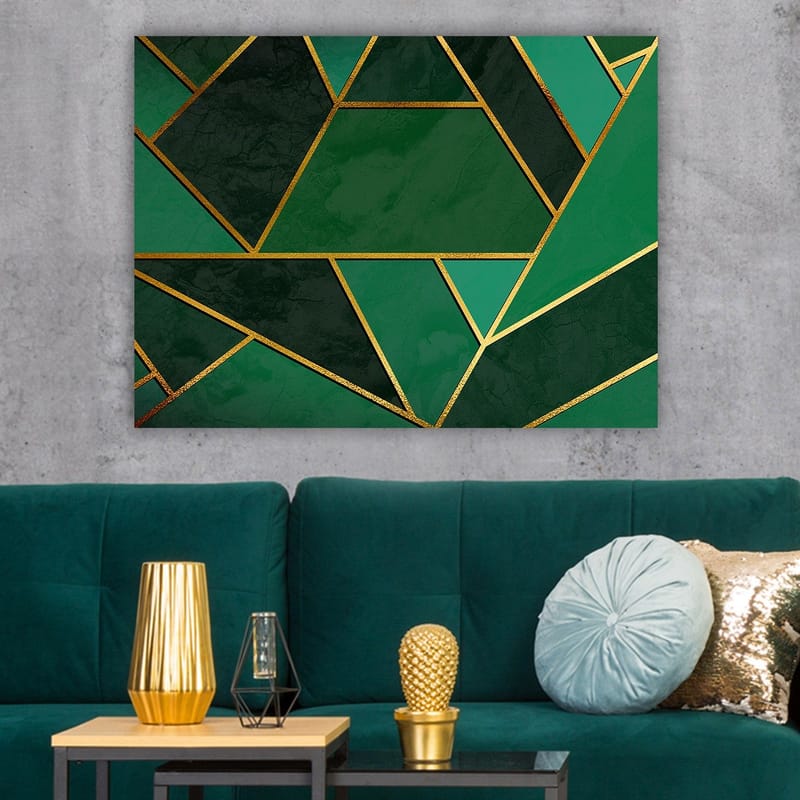 Lerretsbilde 70x100 cm - Geometriske former i forskjellige nyanser av grønt med gylne linjer - Mørkegrønn / Lysegrønn / Gull - Innredning - Bilder & kunst - Lerretsbilder