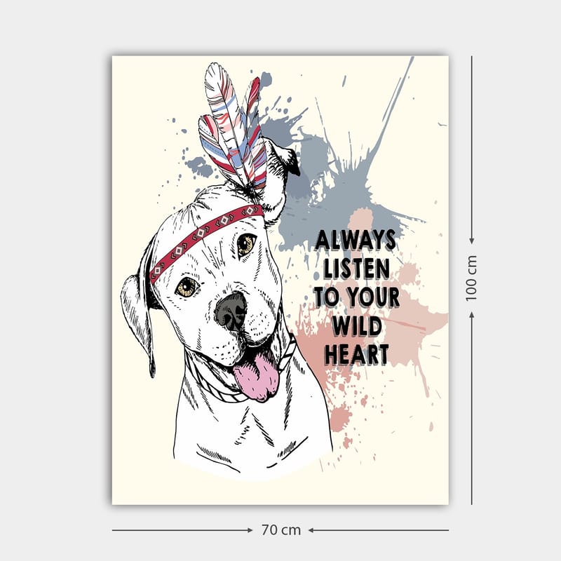 Lerretsbilde 70x100 cm - Glad hund med fjær og et bånd rundt hodet som oppmuntrer deg til å lytte til ditt ville hjerte - Hvit / Rød / Blå - Innredning - Bilder & kunst - Lerretsbilder