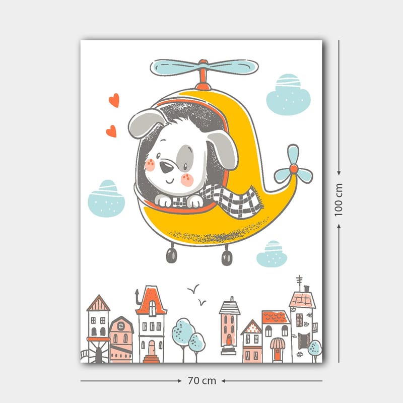 Lerretsbilde 70x100 cm - Glad hund som flyr i et gult helikopter over en by med fargerike hus - Gul / Grå / Blå - Innredning - Bilder & kunst - Lerretsbilder